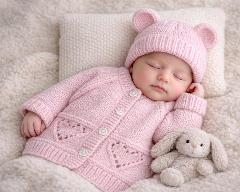 Hearts Ribbed Cardigan & Bear Hat Knitting Pattern