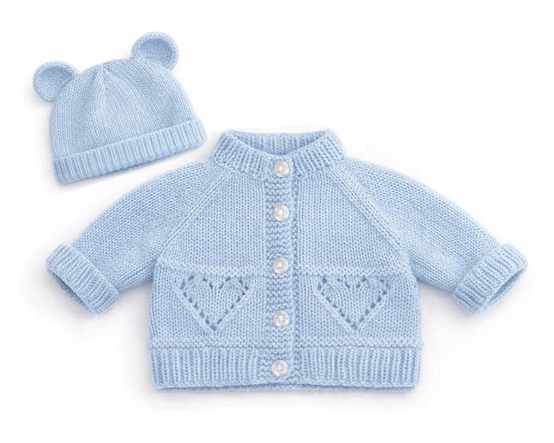 Hearts Ribbed Cardigan & Bear Hat Knitting Pattern