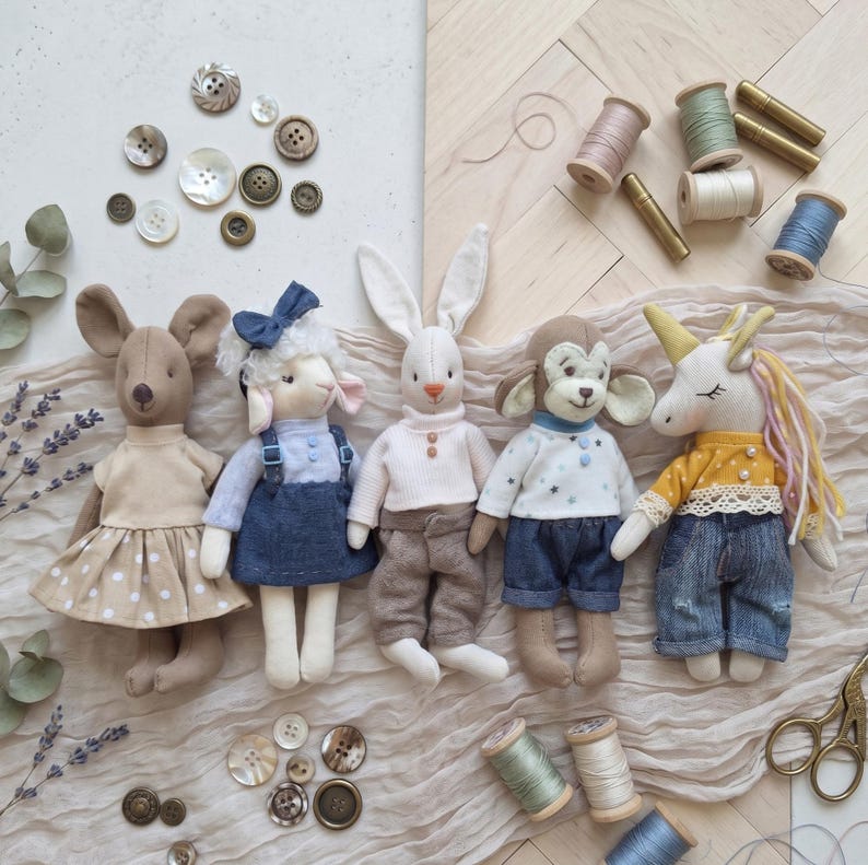 6 Inch Animal Doll Sewing 5 Tiny Toys & Clothes Patterns