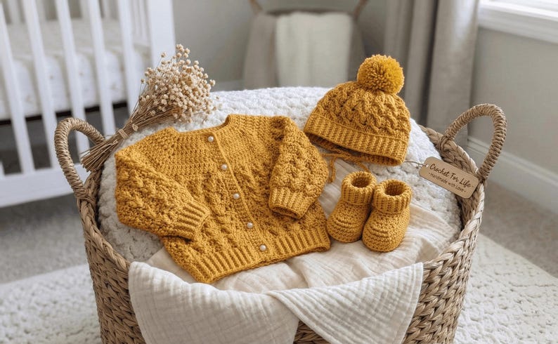 Crochet baby cardigan, hat, booties pattern