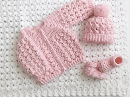 Crochet baby cardigan, hat, booties pattern