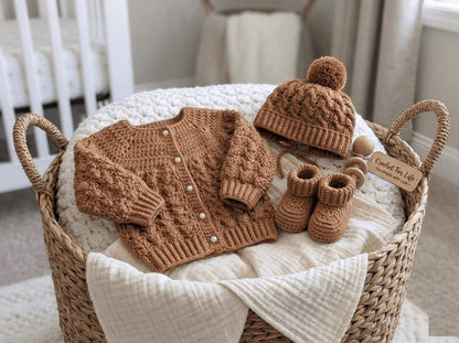 Crochet baby cardigan, hat, booties pattern