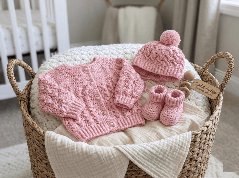 Crochet baby cardigan, hat, booties pattern