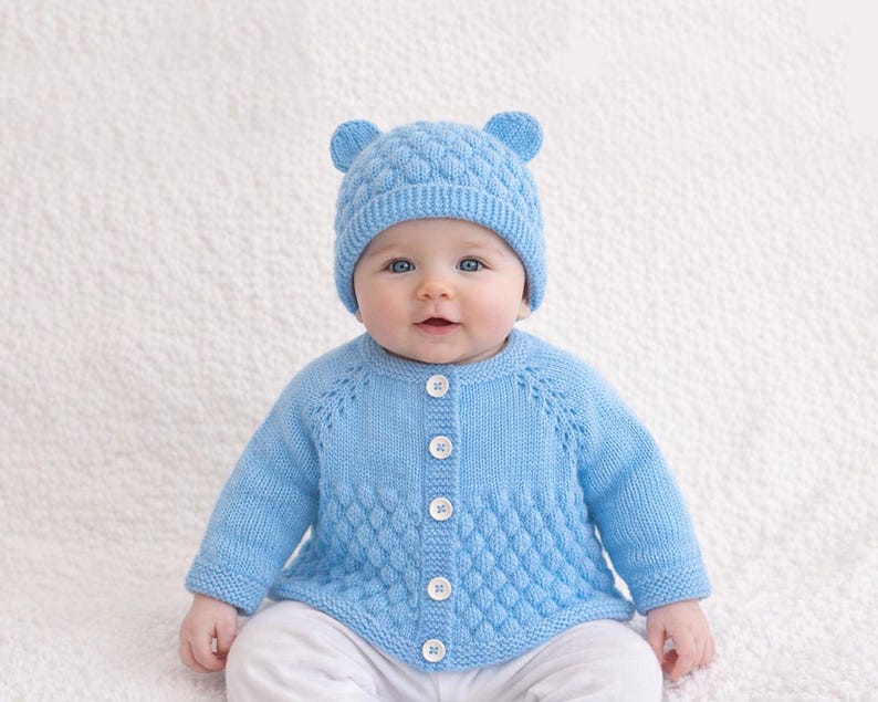 Bubble Stitch Cardigan & Bear Hat Knitting Pattern