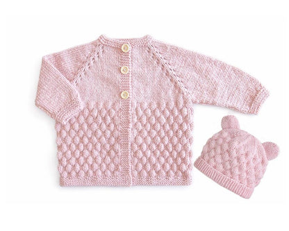 Bubble Stitch Cardigan & Bear Hat Knitting Pattern