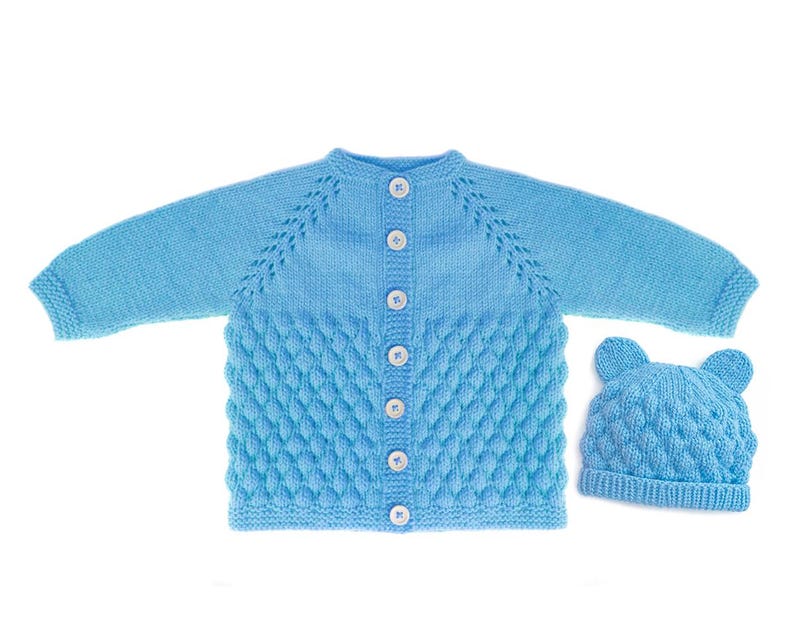 Bubble Stitch Cardigan & Bear Hat Knitting Pattern