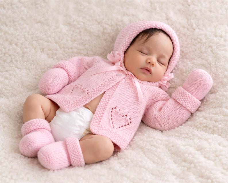Hearts Ribbed Cardigan & Bear Hat Knitting Pattern