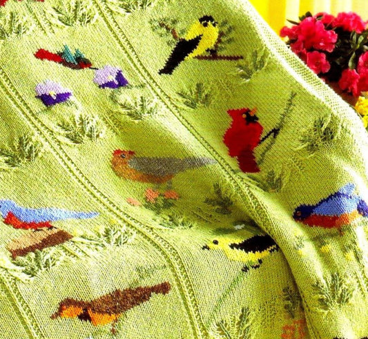 Vintage Knitting Bird Flowers Afghan Throw Blanket Pattern