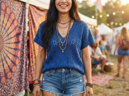 Boho Lace Crochet Top Pattern PDF & VİDEO, Spring/Summer Festival Blouse, V Neck Shirt Crochet Pattern