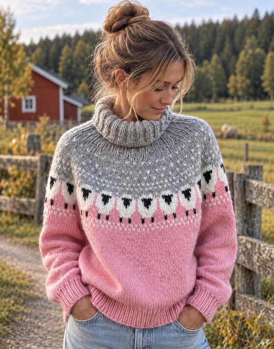 English Knitting Pattern for a Warm Wool Sheep Motif Sweater Knitting Pattern