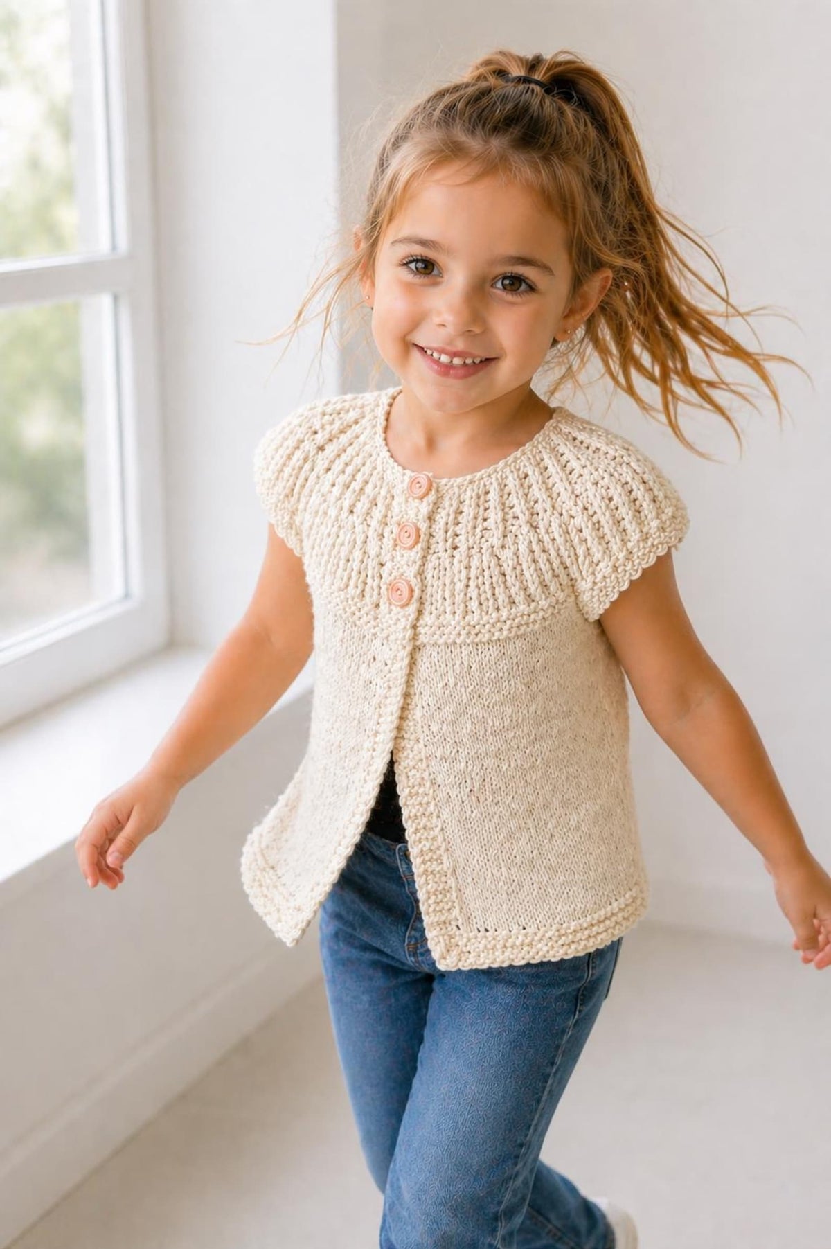 Peach Buttons Cardigan Girls Knitting Pattern