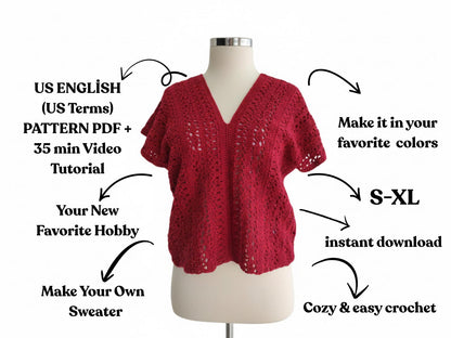 Boho Lace Crochet Top Pattern PDF & VİDEO, Spring/Summer Festival Blouse, V Neck Shirt Crochet Pattern