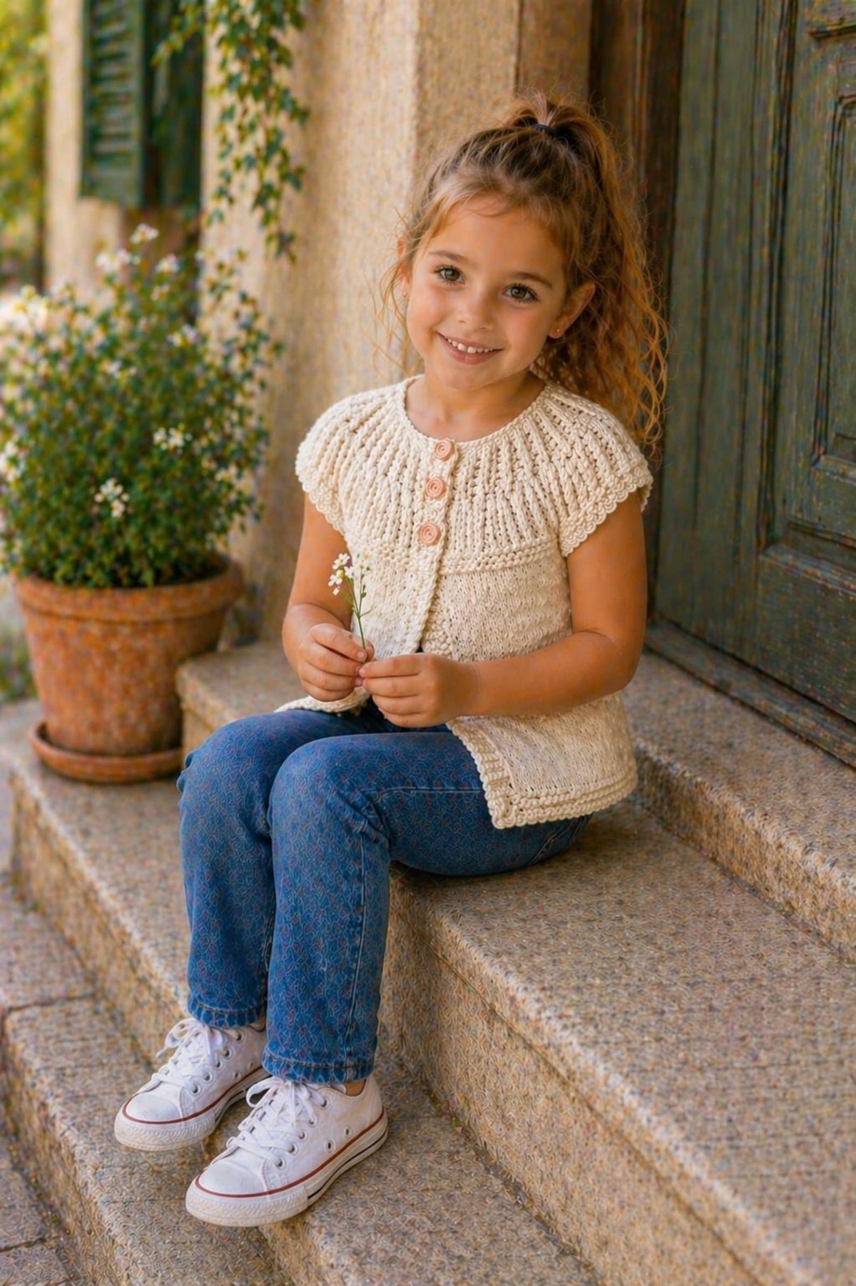 Peach Buttons Cardigan Girls Knitting Pattern