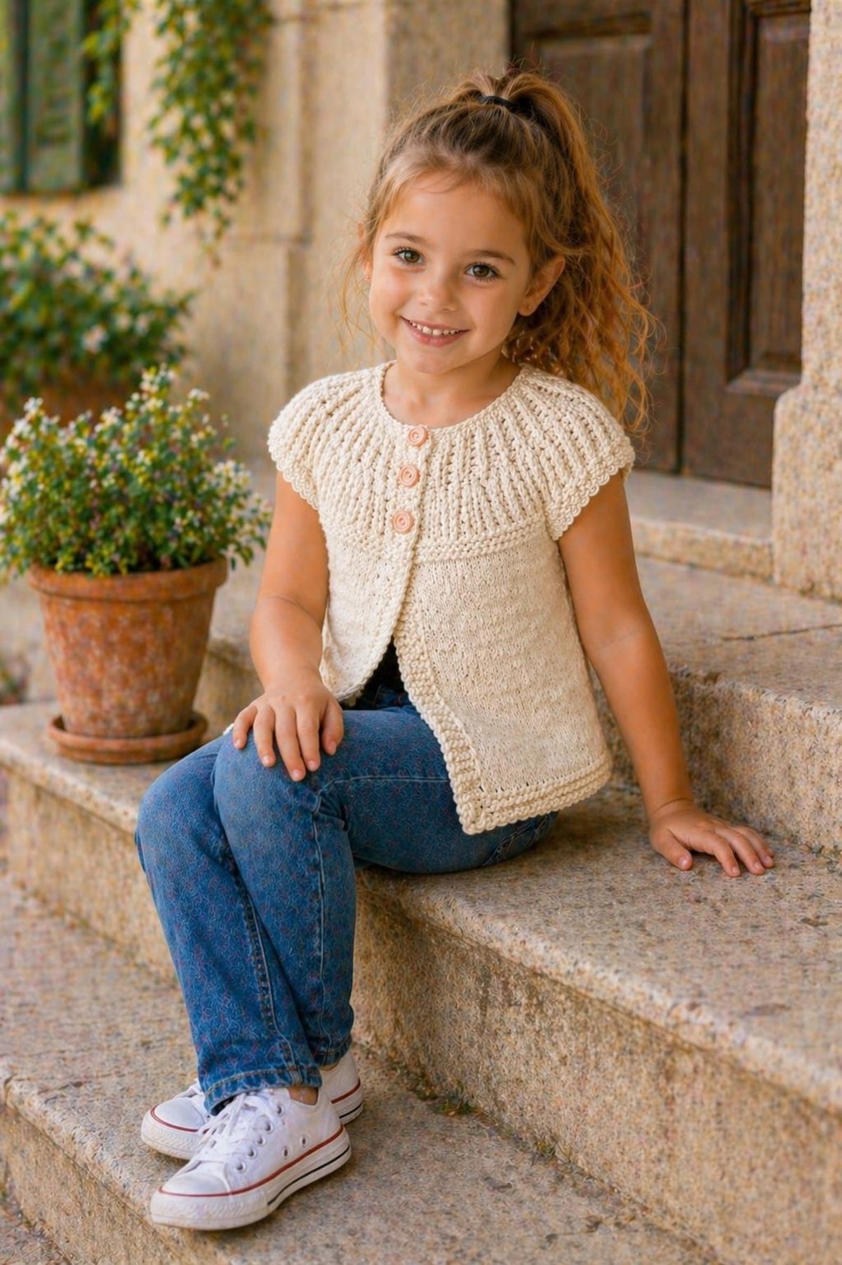 Peach Buttons Cardigan Girls Knitting Pattern